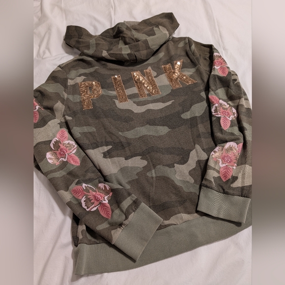 Victoria's Secret PINK Bling Zip Hoodie - Camo, Orchids & Rose Gold Sequin Logo - Picture 7 of 10